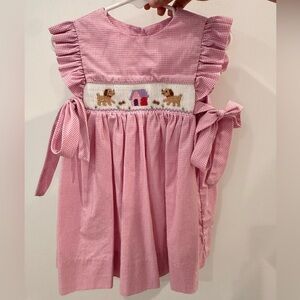 Pink Gingham Dress with Smocked Dogs